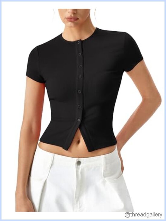 Tops - Ribbed Knit Button Down Shirt Slim Fit Viscose Elastane